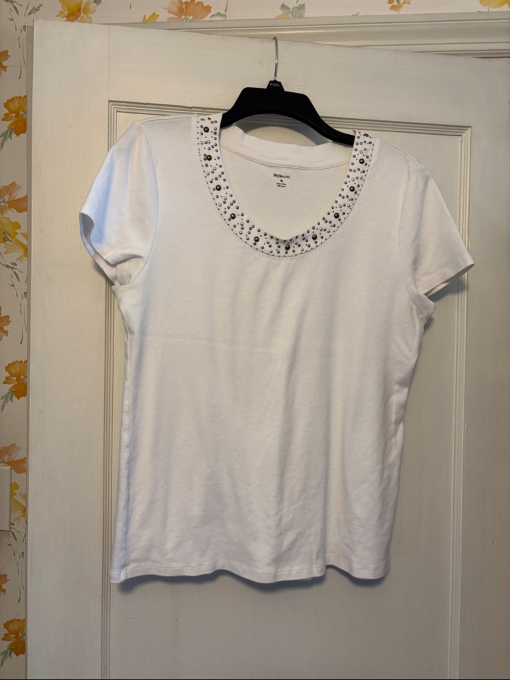 White Stud-Embellished Scoop Neck Tee - Women's Style & Co Size XL